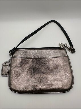 Coach Metallic Gunmetal Crinkled Leather Small Wristlet Pouch